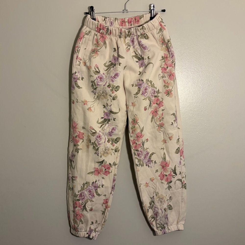 LoveShackFancy Floral Kids Joggers - Cream with Pink and Purple